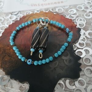 Turquoise and Black Beaded Bracelet with Earrings